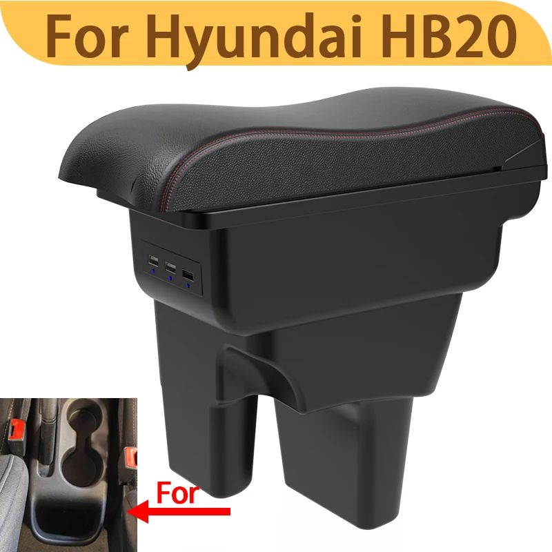 

For Hyundai HB20 car interior armrest modification, new center console accessory, USB double-layer storage box, black.