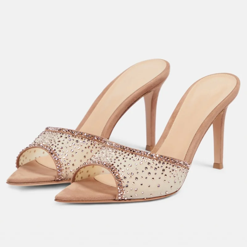 

Женские тапочки со сверкающими кристаллами, летняя крутая дышащая универсальная женская обувь, шлепанцы, женские сандалии с острым носком и открытым носком