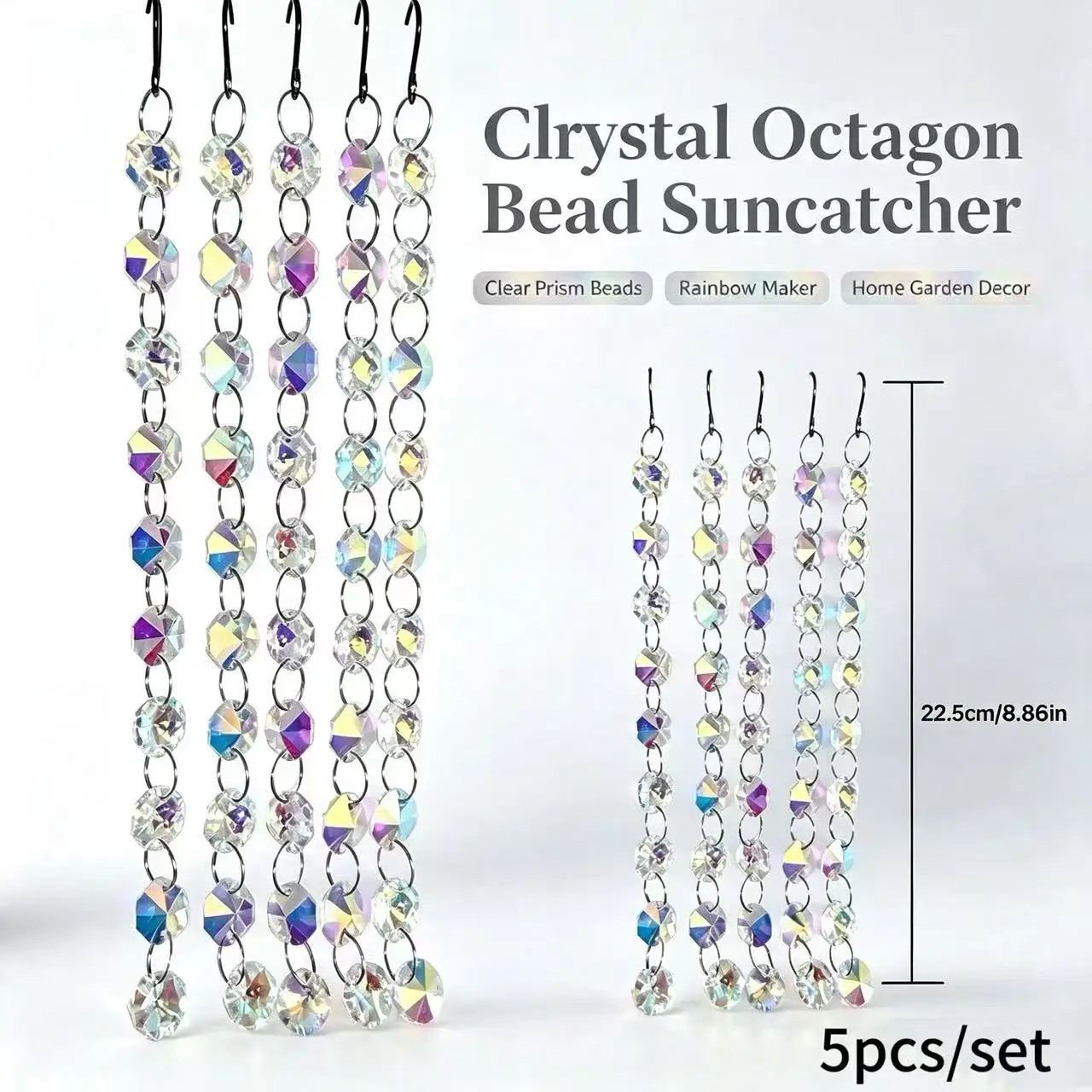 5pcs AB Color Octagonal Crystal Bead Suncatcher Chain, Hanging Prism Rainbow Maker Ornament for Garden Window Wedding Decor