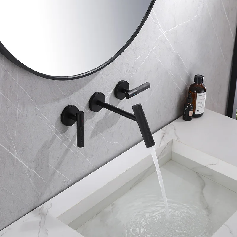 Imagem -05 - Wall Mounted Swing Two Handle Separated Hot And Cold Basin Faucet Bacia de Lavagem Escondida na Parede Ouro Escovado