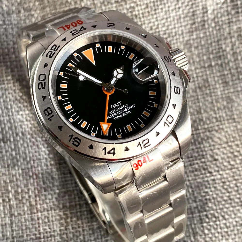 GMT Master NH34A Movt zegarek mechaniczny dla mężczyzn luksusowy zegar ze stali 316L pomarańczowy/zielony ręcznie 24-godzinny zegar ze stalową ramką