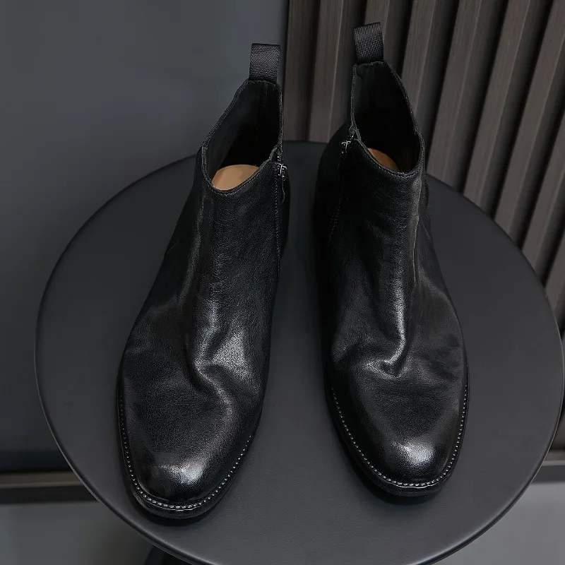 Soft Cowhide Mens Chelsea Boots Luxury Handmade Breathable Genuine Leather 2026 Autumn Round Toe British Style Social Shoes Man