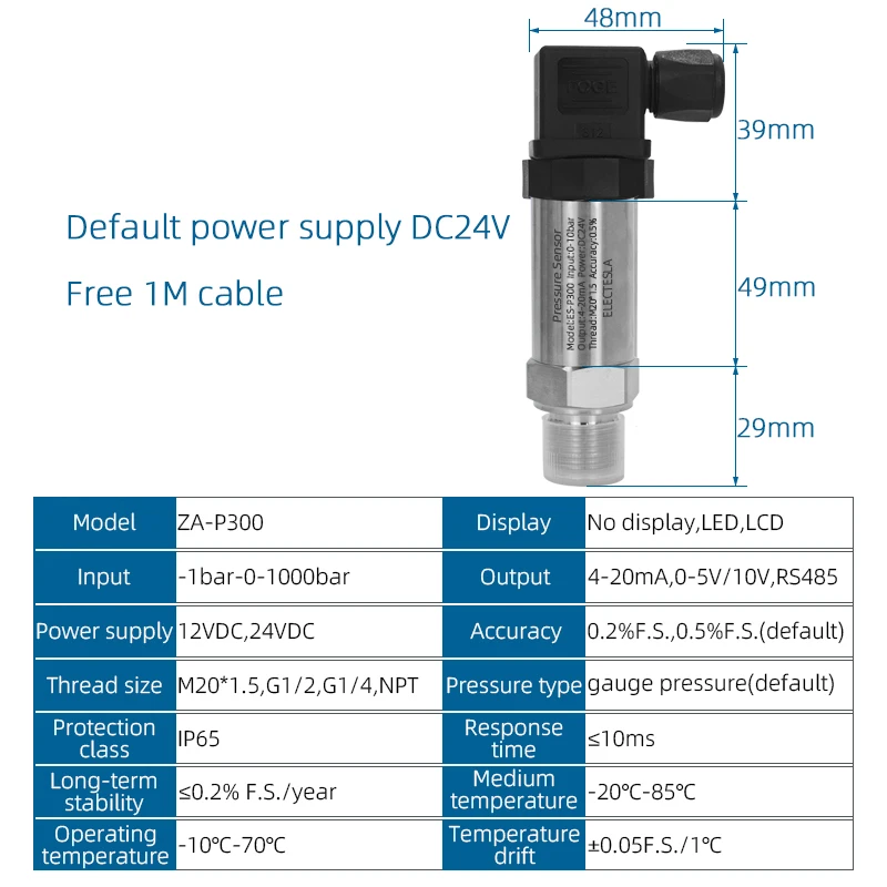 Pressure Transmitter 4-20mA 0-5/10V RS48 Water Gas Oil Liquid Pressure -1-0-1000bar Positive Negative Vacuum Pressure Sensor