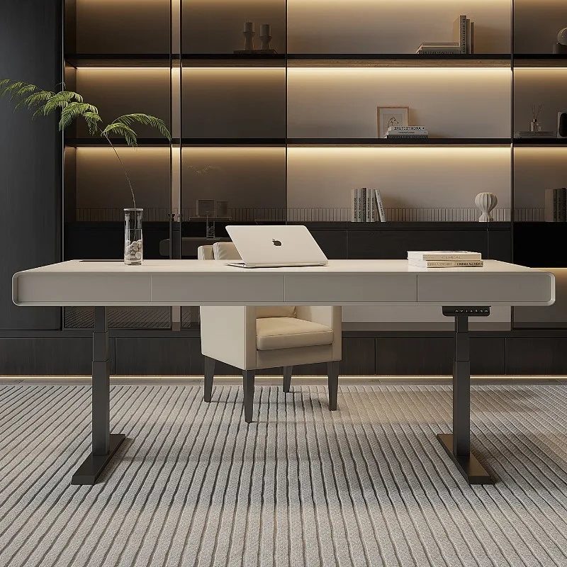 Scrivania sollevabile elettrica intelligente in legno massello di lusso leggero italiano, grande tavolo da soggiorno per scrivania doppia per computer da ufficio domestico