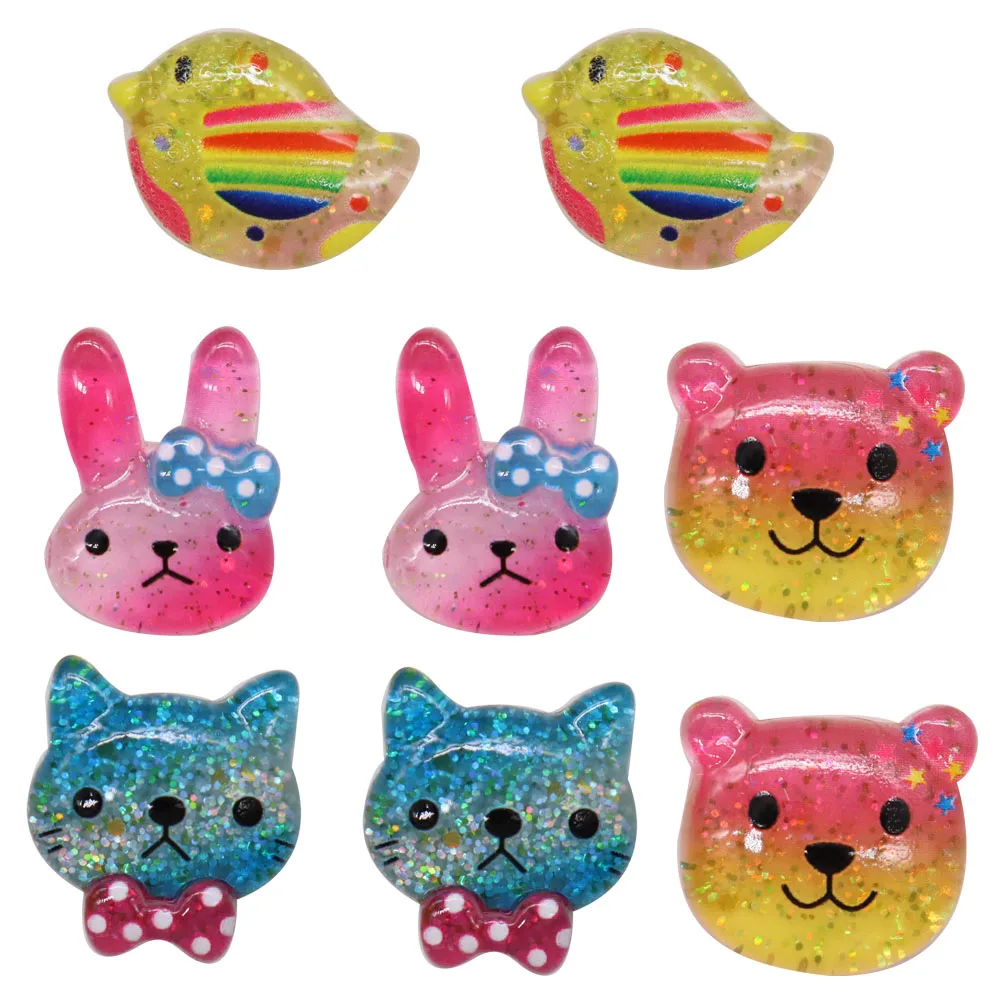 Mix 50pcs Resin Shoe Charms Transparent Sequins Cat Chicken Rabbit Bear Buckle Clog Fit Wristbands Slipper Accessories Kid Gift