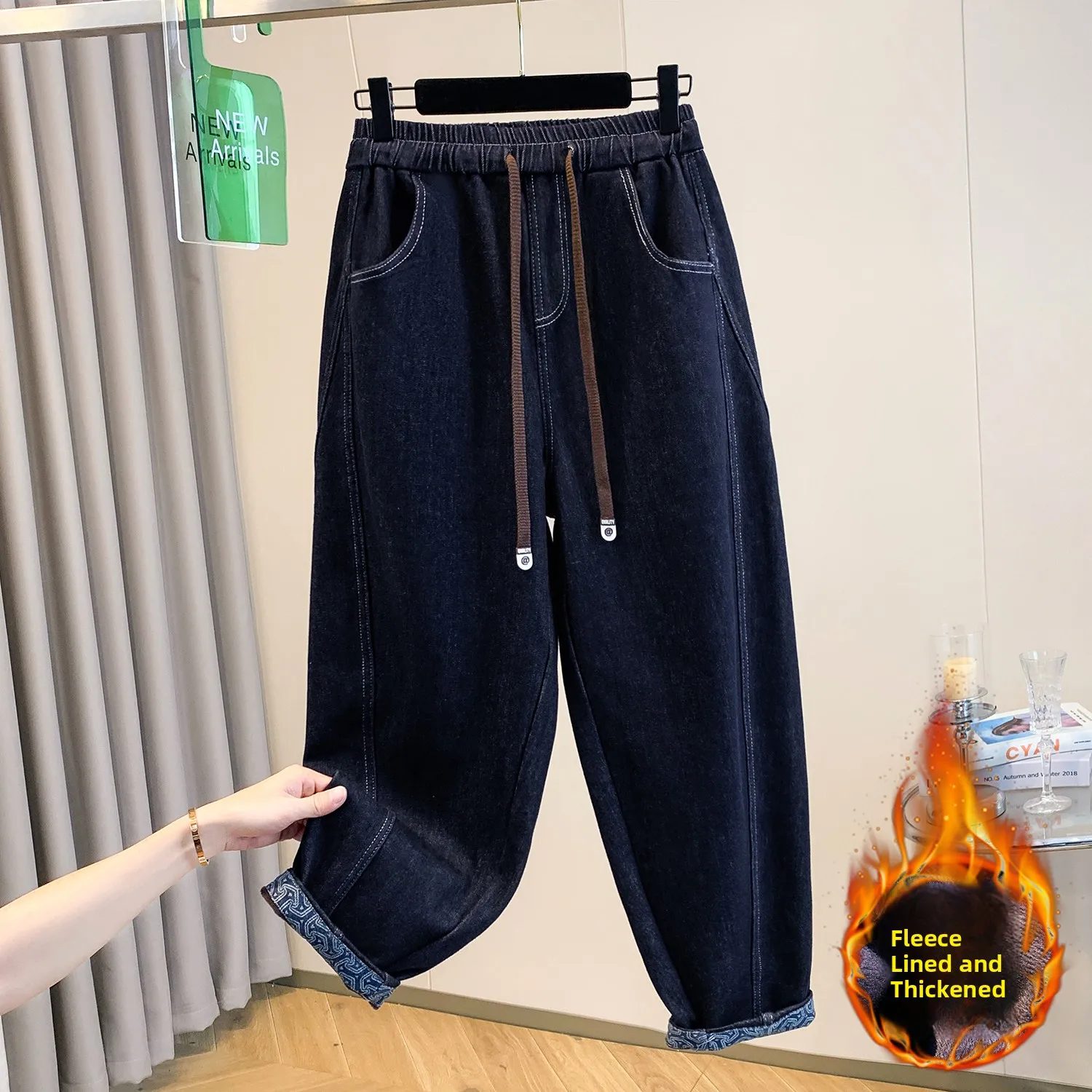 

Джинсовые брюки больших размеров на подкладке с высокой талией Harlan Sle, повседневные брюки для женщин больших размеров, осень-зима, новое поступление