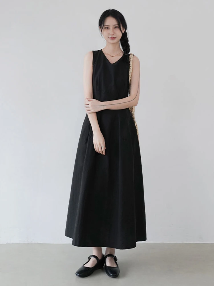 Simple Vintage White Dress Women Casual O Neck Sleeveless Retro Long Dress Korean Summer Female Pockets Loose Tanks Dress