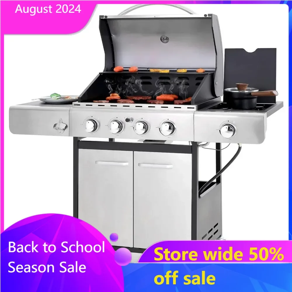 

4Gas Barbecue Stove with Side Burner and Enamel Cast Iron Grille 42000BTU Outdoor Cooking Stainless Steel Propane Barbecue Stove