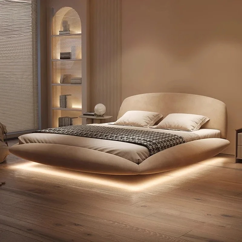 X Light Luxury Modern Fabric Bed, Suspended Bed With Lamp, Italian Minimalist 2 Meters Master Bedroom Atmospheric Luxury Bed