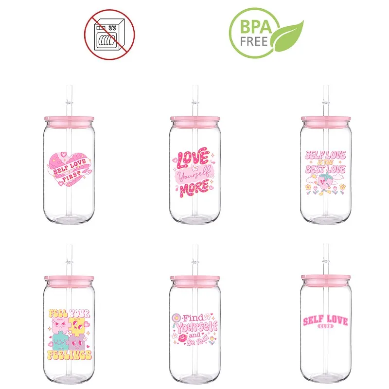 

Self Love Colorful Design Printed Transfer BPA Free Plastic Straw Fashion Gril Cup Comes With Sreaw And Cup Lid Can Coffee 16 OZ