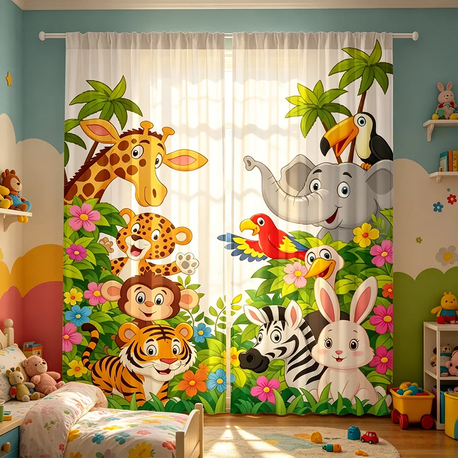 2PCS Animal World Print Curtains, Wildlife Jungle Safari Pattern, Window Drapes for Living Room Bedroom Kids Room Home Decor