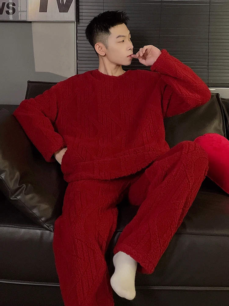 

DAIMELU red pajamas men's sleepwear set winter coral fleece piled thickened warm festive natal year youth long sleeve loungewear