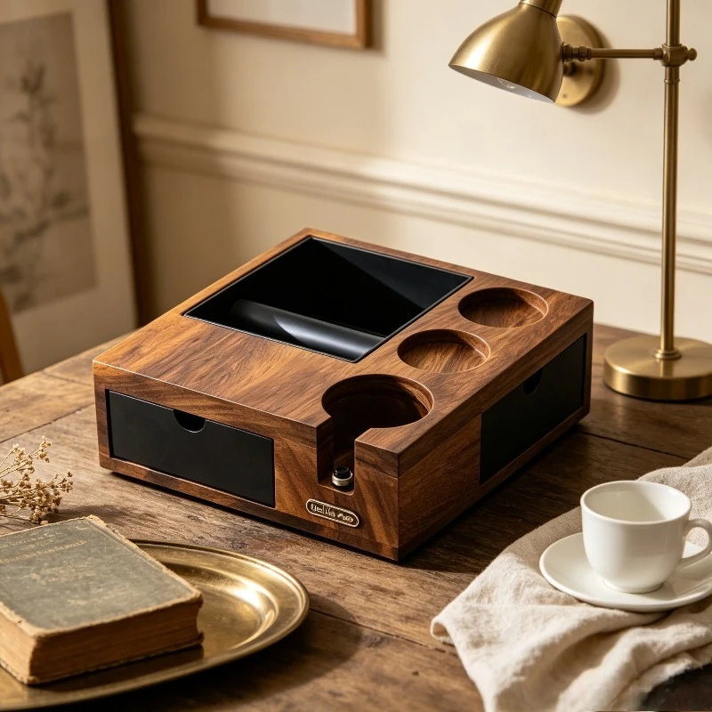 Coffee Tamping Station Walnut Wood Espresso Knock Box with Double Drawer Accessories Organizer Multifunctional Non-Slip