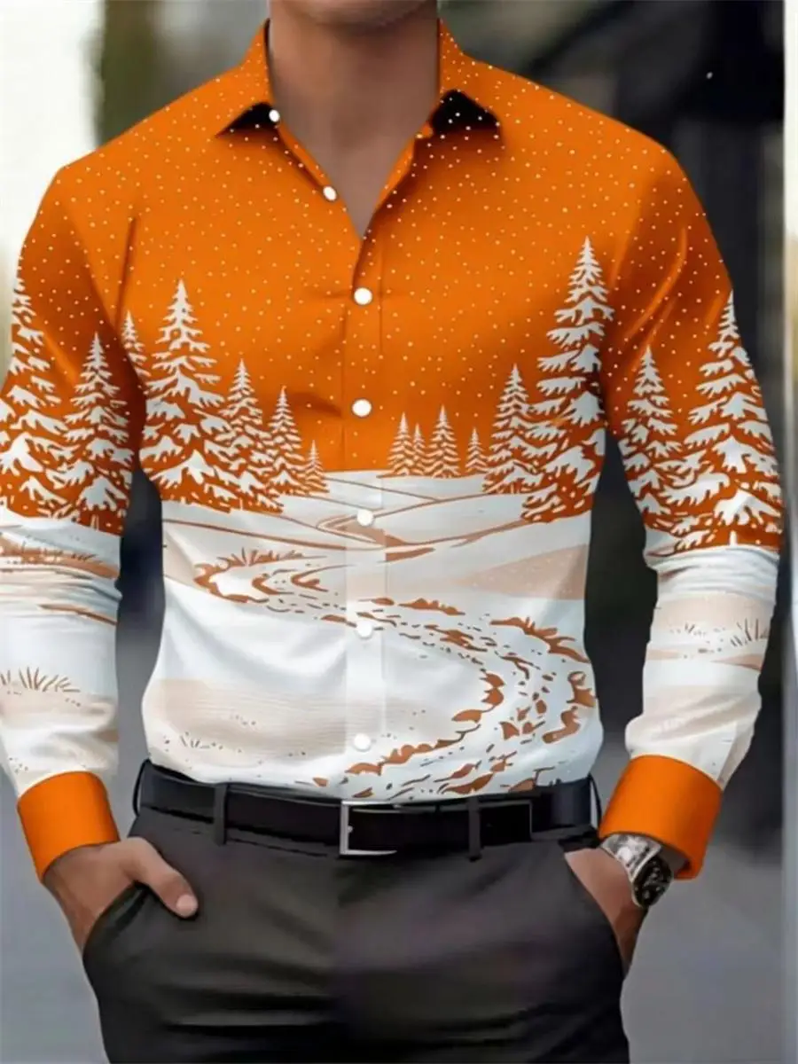 Men Long Sleeve Shirt Winter Snow Pine Tree Landscape Print Turn Down Collar Casual Button Holiday Tops Men's Clothing