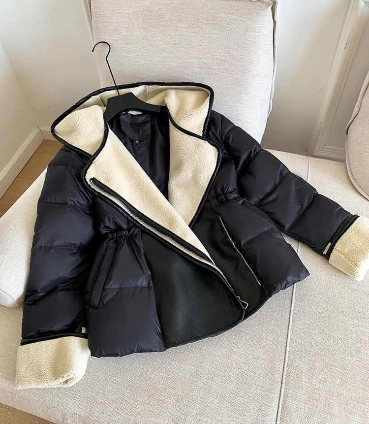 Schinteon Women Lambswool White Duck Down Jacket with Hood Autumn Winter Warm Outwear Casual Patchwork Coat European Style