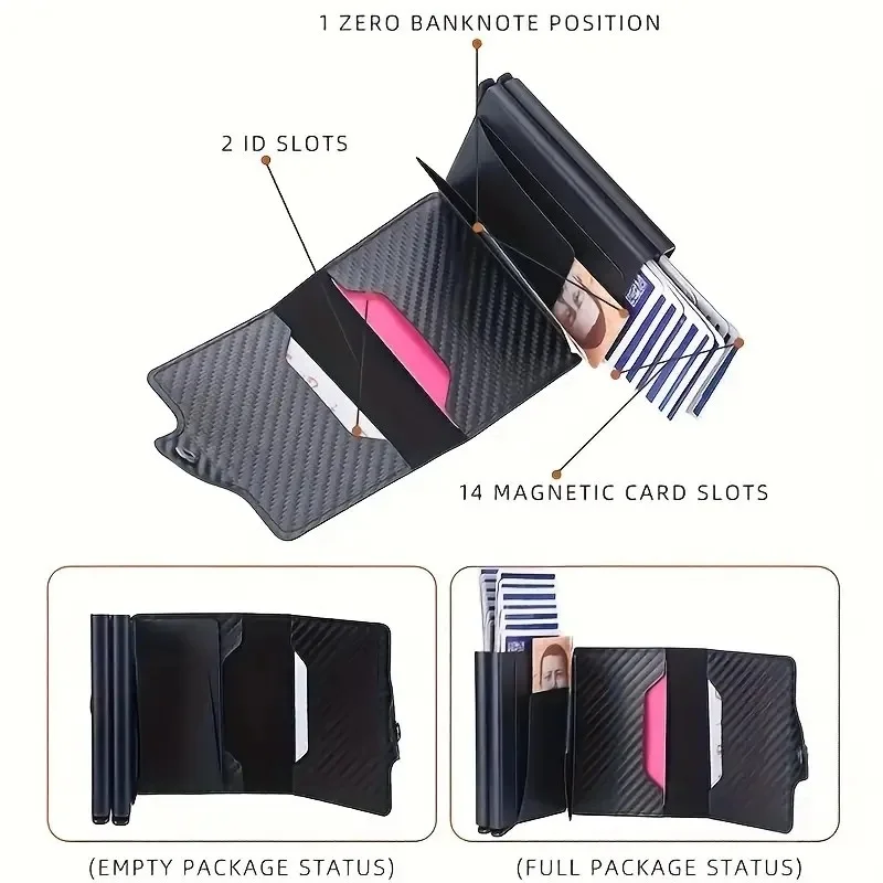 RFID Aluminium Doppel deck Schnalle Männer Karten halter kleine Karte Brieftaschen Kohle faser Leder schlanke Mini Brieftasche Qualität männliche Geldbörsen – Detail 5