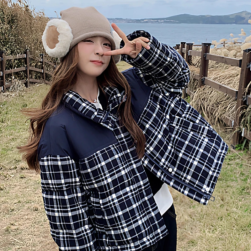 

Petite Plaid Puffer Jacket - Women's Cropped Checkered Down Coat, Thickened White Duck Down with Stand Collar