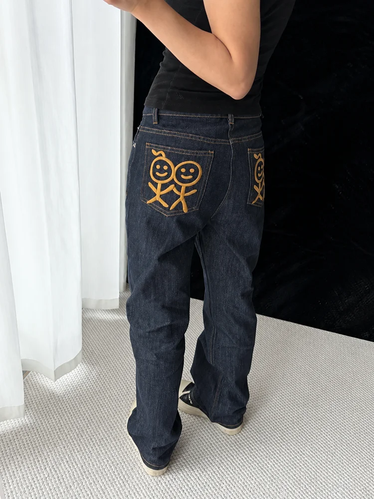 REDDACHiC Stick-Figure Doodle Baggy Jeans Women Cutecore Color Block Low Rise Cleanfit Straight Denim Pants Lounge Streetwear