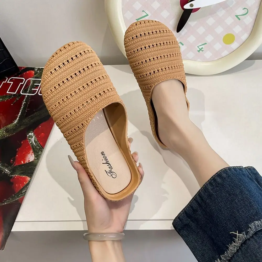 Breathable Baotou Half Slippers Hollow All-Match Flat Bottom Slippers Anti-Slip Lightweight Hand-Woven Slippers Women's Wear