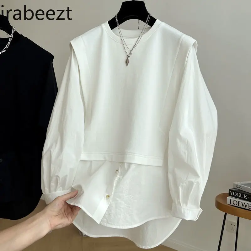 

Large Size French Design Sense Stitching Fake Two Long Sleeve Shirt Female Loose Doll Blouse Slight Strech Blusas De Mujer