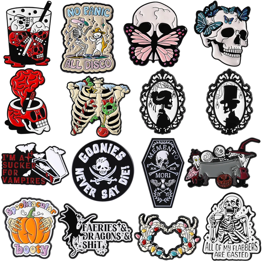 

Gothic Skull Horror Metal Brooch Pins Ashtray Can Chest Bride Butterfly Skull Dance Coffin Horror Badge Jewelry Gift For Friends