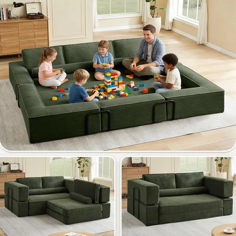 

119" ular Soa Bed with High Backrest Pillows, Corduroy olding Convertible loor Soa Couch Bed with ixed-Shap, Building Block Soa
