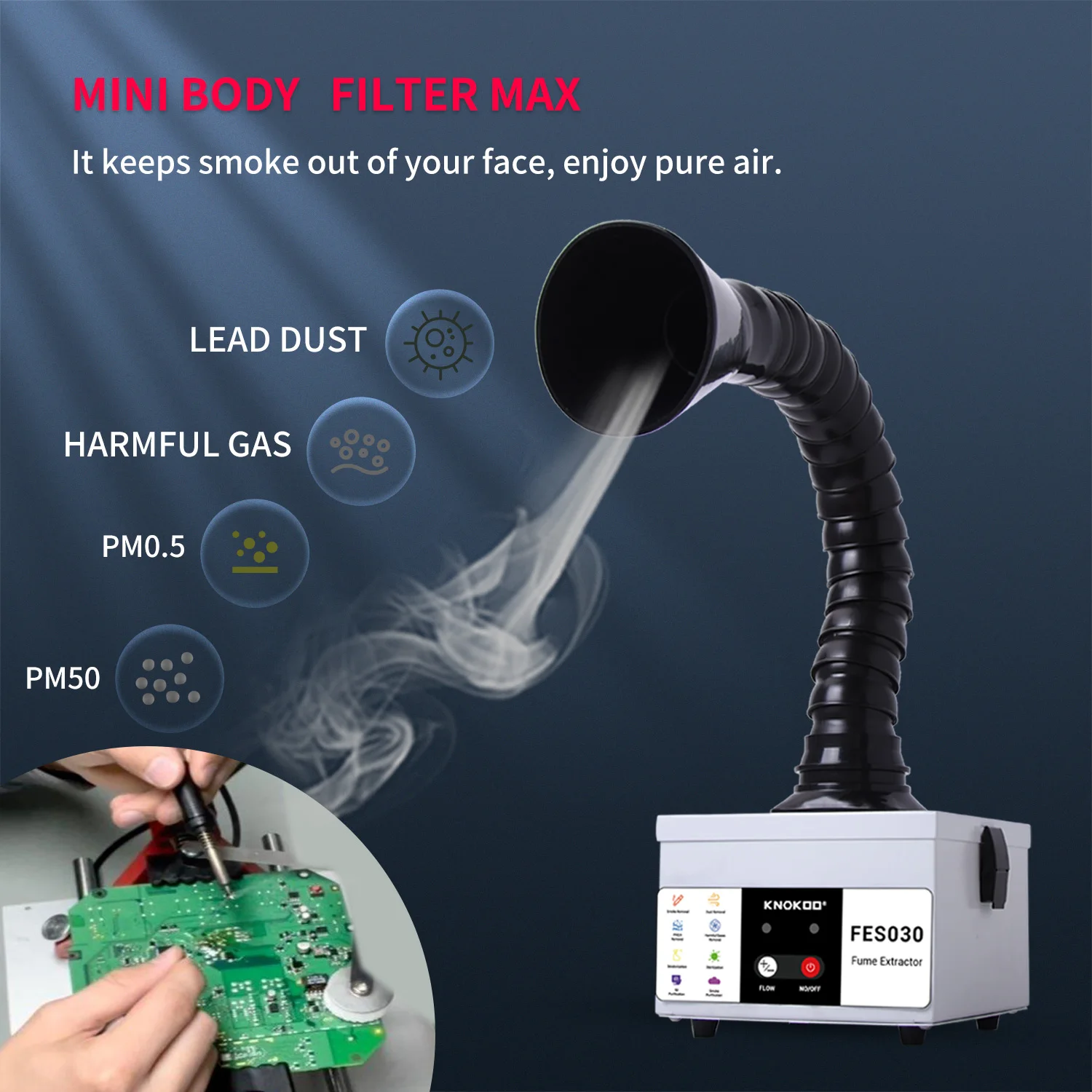 KNOKOO Portable Mini Welding Smoke Absorber Soldering Fume Extractor FES030 Dust Purifier Desktop Phone Repair Smoke Cleaner