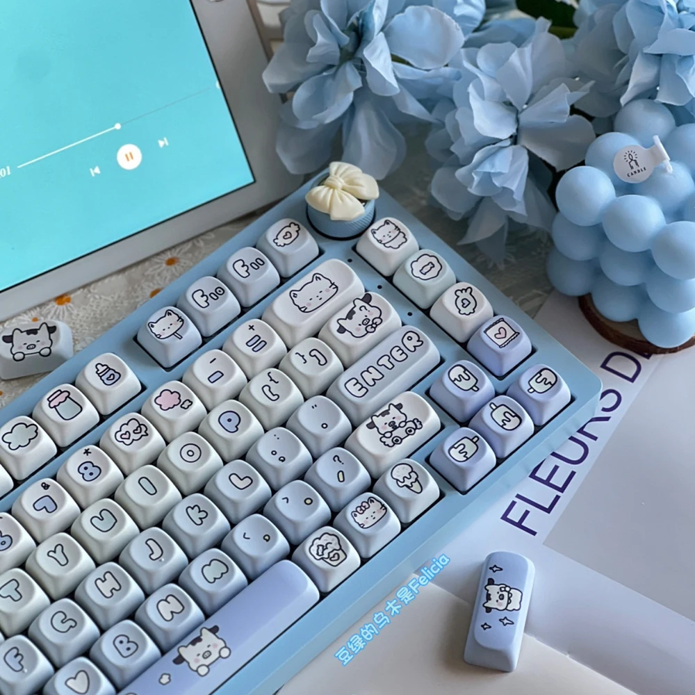 Imagem -03 - Teclado Mecânico Bonito dos Desenhos Animados Redondos Vaca Sobremesa Loja Moa Então Pbt 139 Chaves Chuva 75 87 108 Faça Você Mesmo Luz Azul Keycaps