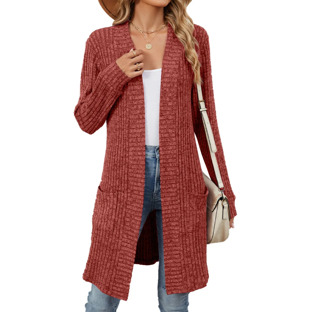 Women's New Patchwork V-neck Pocket Vertical Stripe Fashion Minimalist Casual Loose and Versatile Long Sleeved Knitted Cardigan