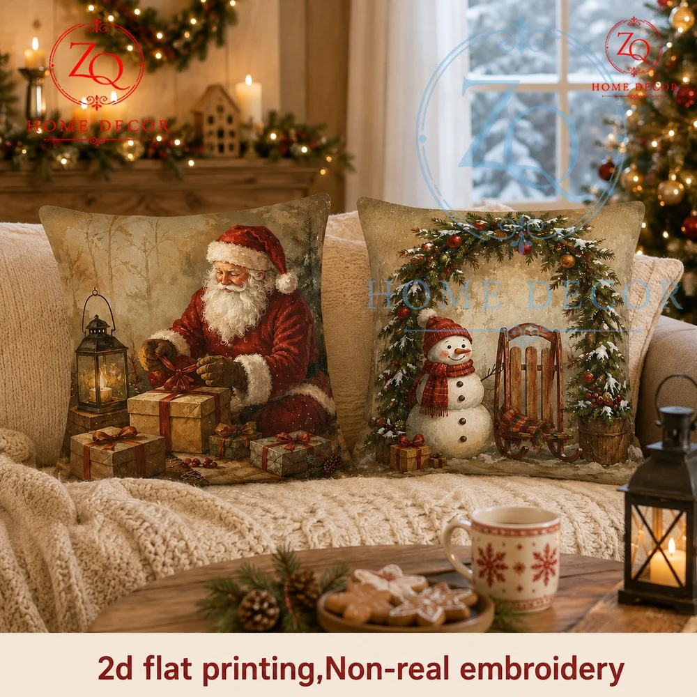 Vintage Christmas Santa Claus Throw Pillow Cover Rustic Farmhouse Holiday Cushion Case   Bed Warm Xmas Decor Gift  Home