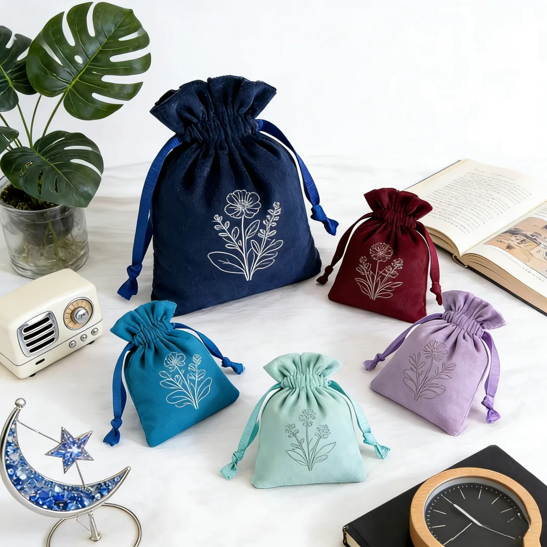 

100Pcs Velvet Gift Pouches with Ribbon Drawstring Custom Logo Jewelry Packaging Bags for Wedding Party Candy Earrings Storage