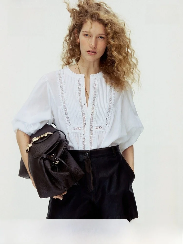 

Женская кружевная рубашка H&M: Новинка лета, винтажный стиль, тонкая плиссированная блузка с длинным рукавом, круглым вырезом и пуговицами, элегантная, для повседневной носки