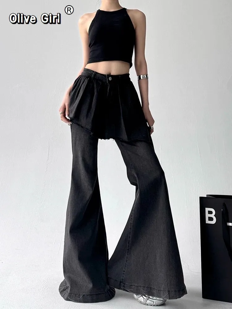 Olivegirl Women's Black Gothic Baggy Jeans Irregular Skirt Y2K Harajuku Streetwear 2000S Aesthetics Retro Jeans Pants Clothing