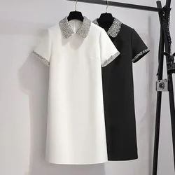 New Chic Sparkling Diamond Beaded Peter Pan Collar Short Dress Women Summer Elegant Fashion Office Lady Simple T Shirt Dress