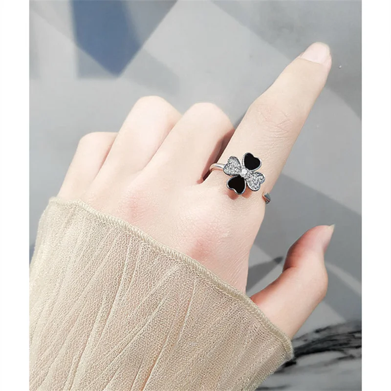 Sweet Clover Flower Ring For Girls Finger Accessories Top Grade Sterling Silver 925 Ring Women Jewelry Turnable Open Size Bijou