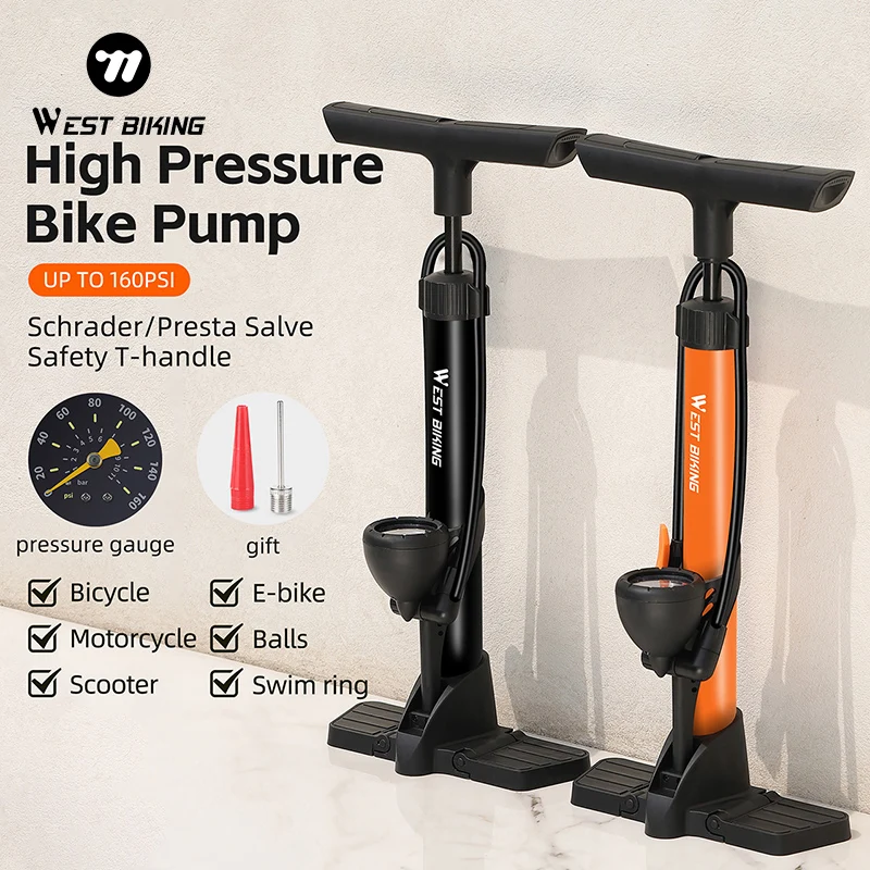 WEST BIKING Bicycle Pump 160 Psi High Pressure Durable Labor-saving Cycling Tire Inflator Schrader Presta Valve Bike Foot Pump