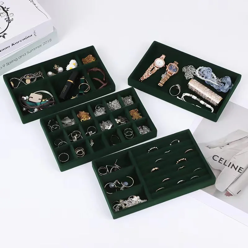 Stackable Green Velvet Drawer Insert Tray Organizer Multi-grid Divided Jewelry Storage Box for Rings Earrings Bracelets Watch