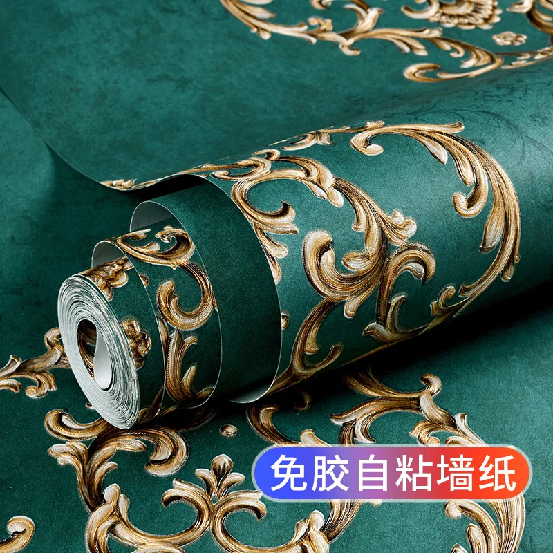 European Self Adhesive Wallpaper Luxury Retro Embossed Living Room Large Flower Dark Green Background Wallpaper American Light