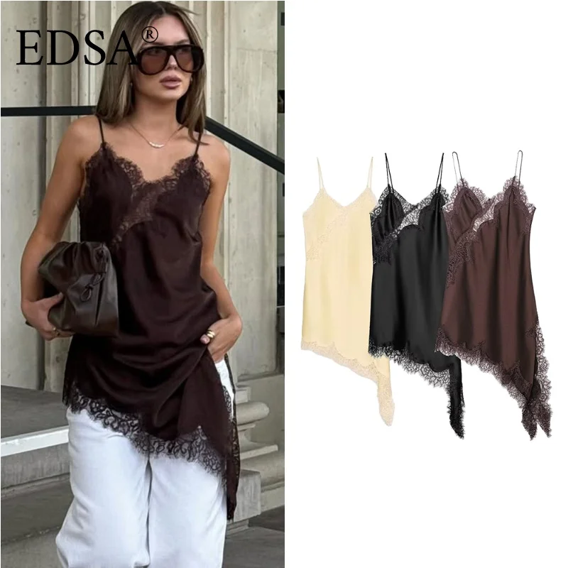 EDSA 女性用非対称レースサテンミニドレス ストラップ付き Vネック セクシーなショートドレス パーティー用