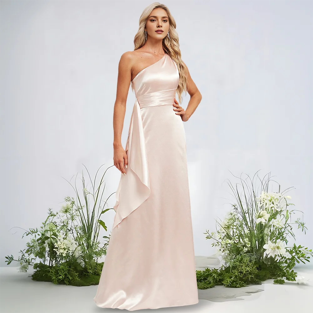NYJ Luxurious A-Line One Shoulder Bridesmaid Dresses Stretch Satin Floor-Length Ruffle Elegant Wedding Guest Cocktail Dress