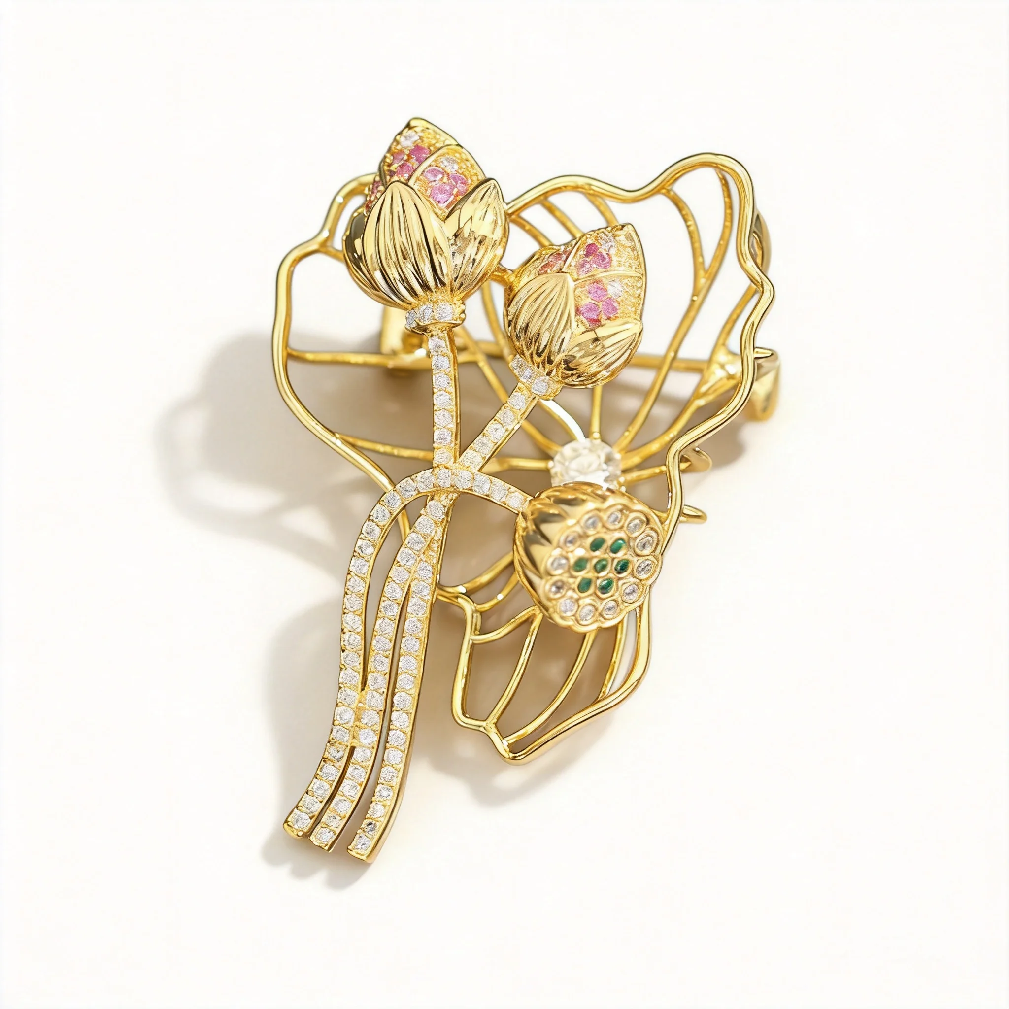 

Chinese Style Lucky Auspicious Gold Plated Hollow Out Inlaid Rhinestone Lotus Leaf Seedpod Brooch For Women Elegant Anti Slip