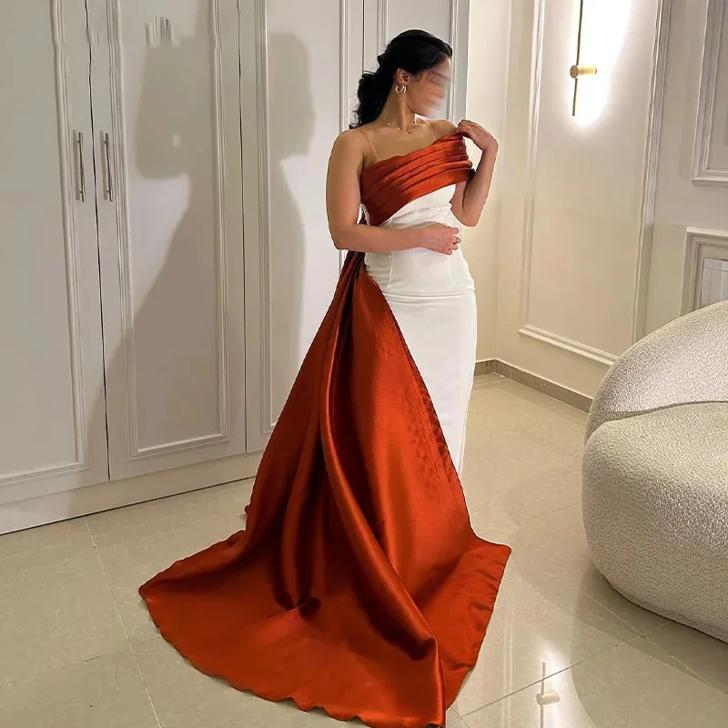 

2024 New Elegant Contrast Straight Evening Gown Women's One Shoulder Pleated Party Floor Length Prom Dress