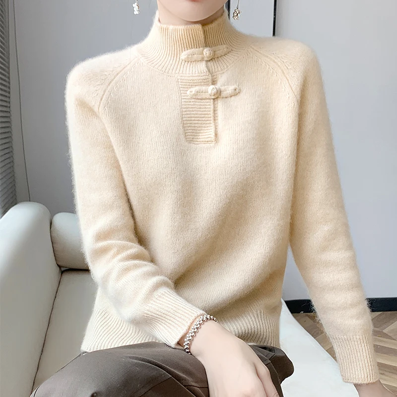 Women 100% Merino Wool Chinese Style Buckle Sweater Half-high Collar Knitted Basic Pullover Autumn Winter Thickening Soft Top