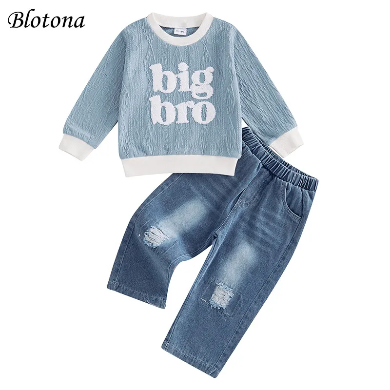 

Blotona Kids Boy Autumn 2PCS Outfits Long Sleeve O Neck Letter Embroidery Pullover Tops Elastic Waist Ripped Denim Pants Sets