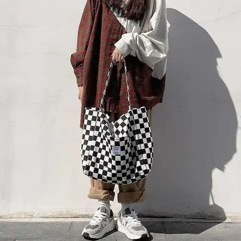 Black White Checkered Large Capacity Canvas Tote Bag Simple Versatile Shoulder Bag Street Trend Magnetic Buckle Soft Cotton L...