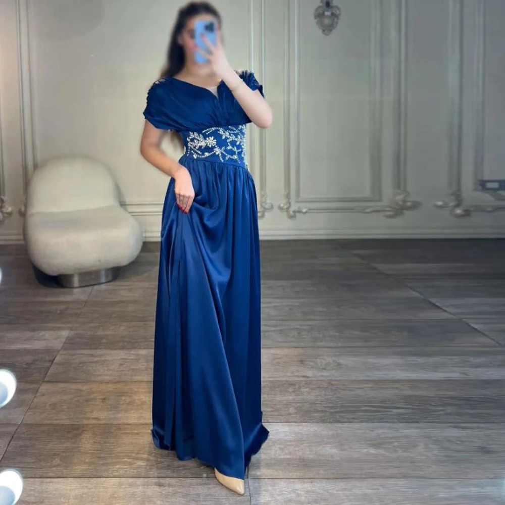 

Customized Elegant Blue Evening Dress with Cape Sleeve Beading Waist A Line Formal Maxi Dresses Side Split Blue Outfit