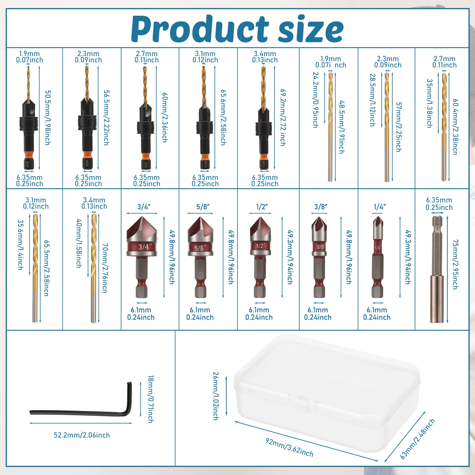 مجموعة لقم مثقاب غاطسة مكونة من 17 قطعة مع صندوق تخزين # 6 # 8 # 10 # 12 مثقاب حوض فولاذي عالي السرعة للمسمار المكسور والصدأ