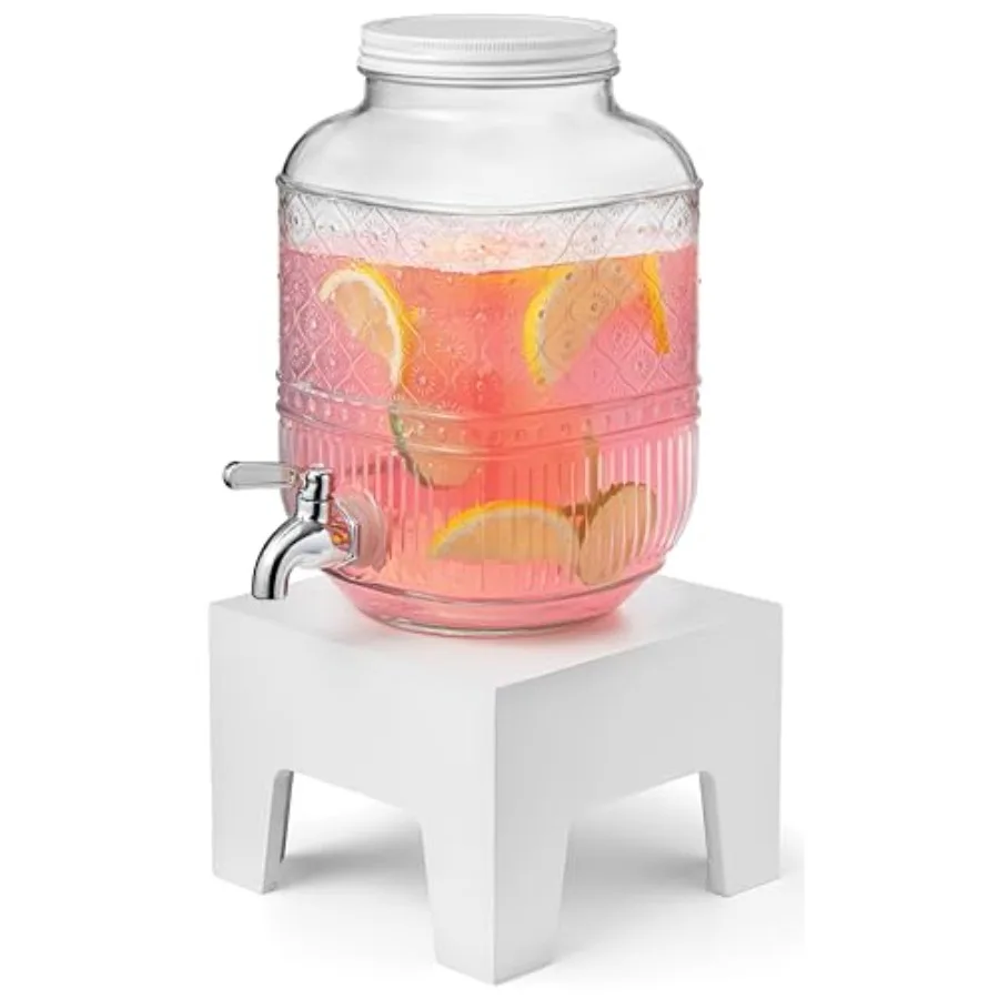 

Beverage Dispenser 1 Gallon Glass Drink Dispenser with Wooden Base Stand Wide Mouth Jar for Lemonade Iced Tea Infused Water Vin