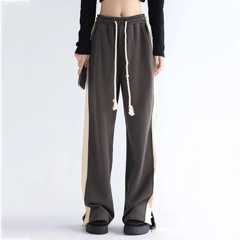 Streetwear Fashion Female High Waist Wide Leg Split Sports Pants Vintage Patchwork Solid Color Drawstring Floor Length Trousers