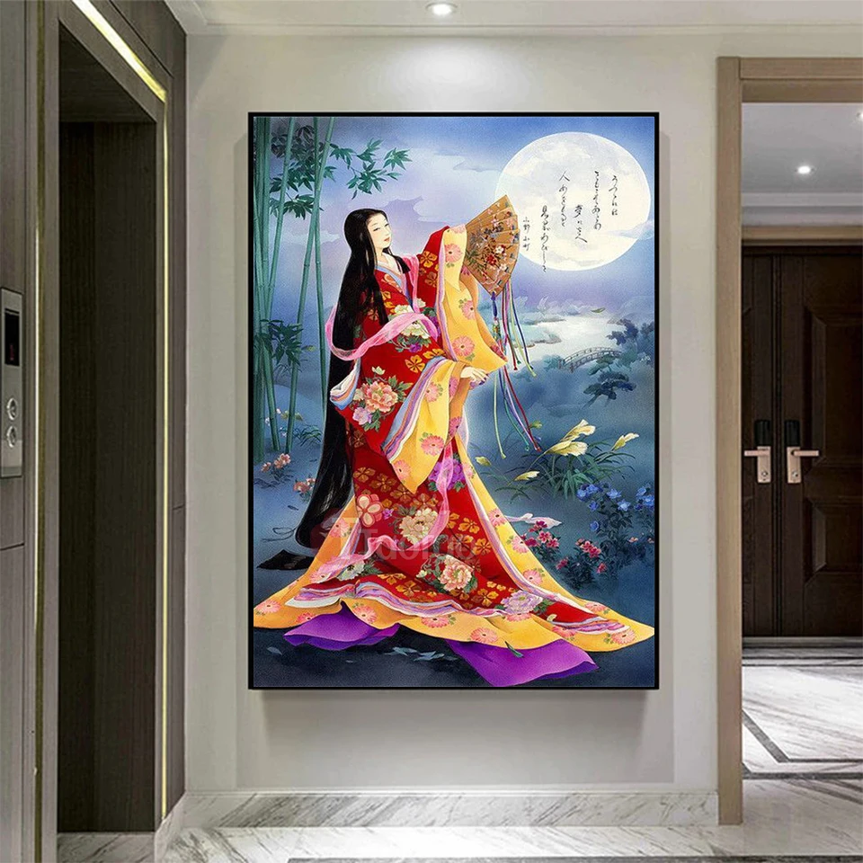 Chinese Hanfu Girl Diamond Painting 5D Lotus Pond Moonlight Landscape Diy Rhinestone Cross Stitch Mural Decor Mosaic Embroidery